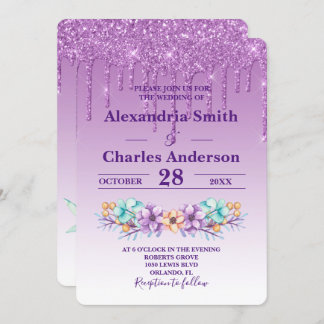 Purple Peonies Dripping Glitter Wedding Invitation