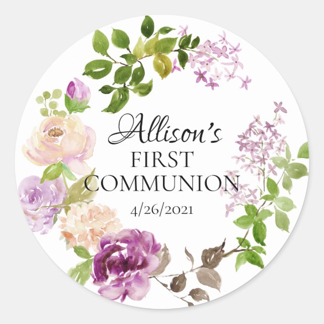 Purple Peonies First Communion Favour Classic Round Sticker (Front)