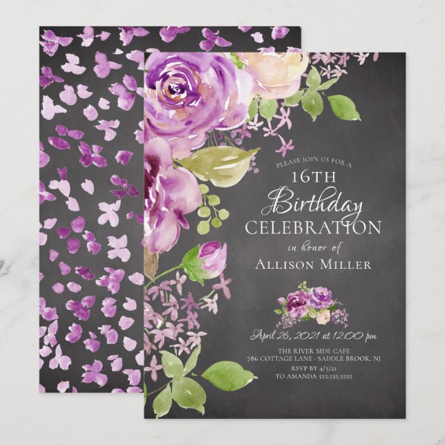 Purple Peonies Floral 16th Birthday  Invitation (Front/Back)