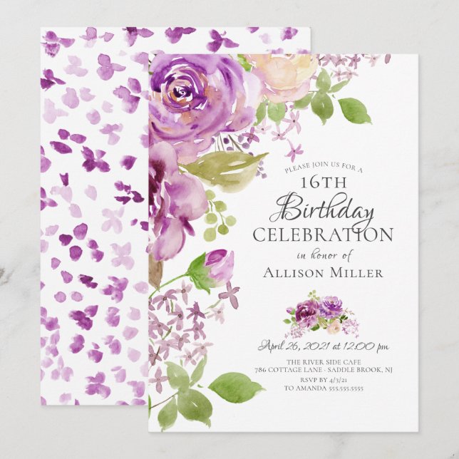 Purple Peonies Floral 16th Birthday  Invitation (Front/Back)