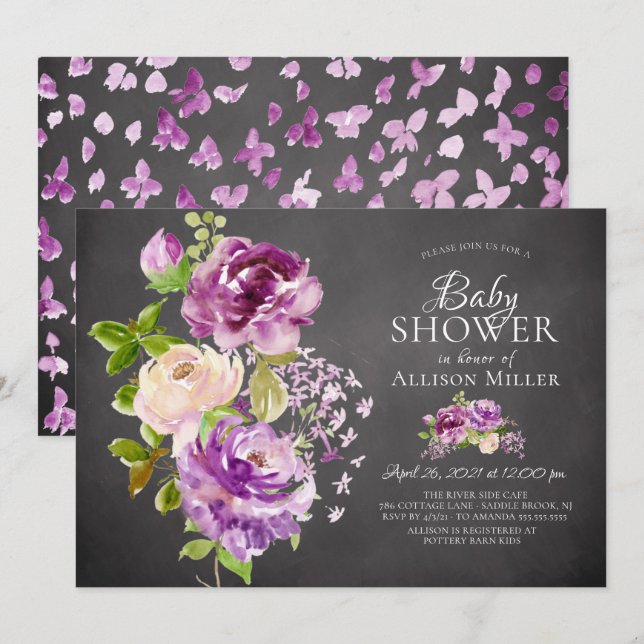 Purple Peonies Floral Baby Shower Invitation (Front/Back)