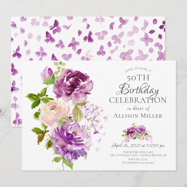 Purple Peonies Floral Birthday  Invitation (Front/Back)