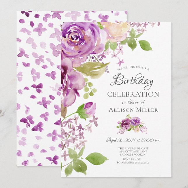 Purple Peonies Floral Birthday Party Invitation (Front/Back)