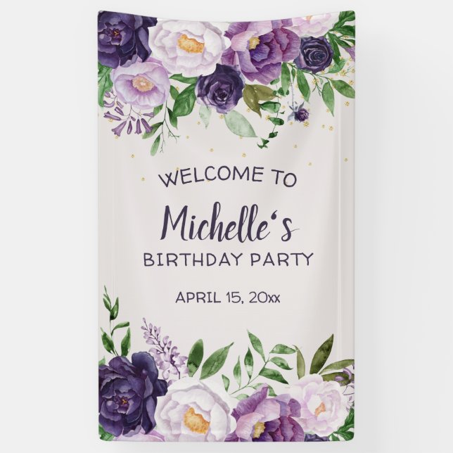 Purple Peonies Floral Birthday Welcome Banner (Vertical)