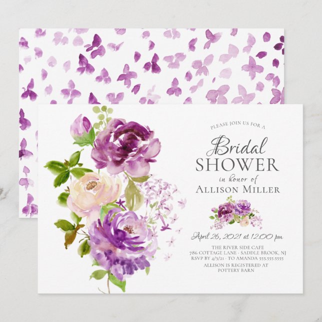 Purple Peonies Floral Bridal Shower Invitation (Front/Back)