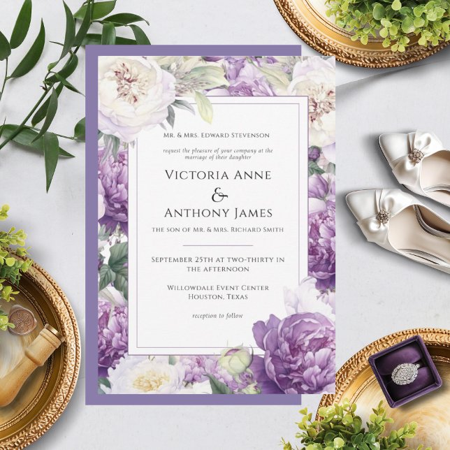 Purple Peonies Floral Modern Wedding Invitation (Creator Uploaded)