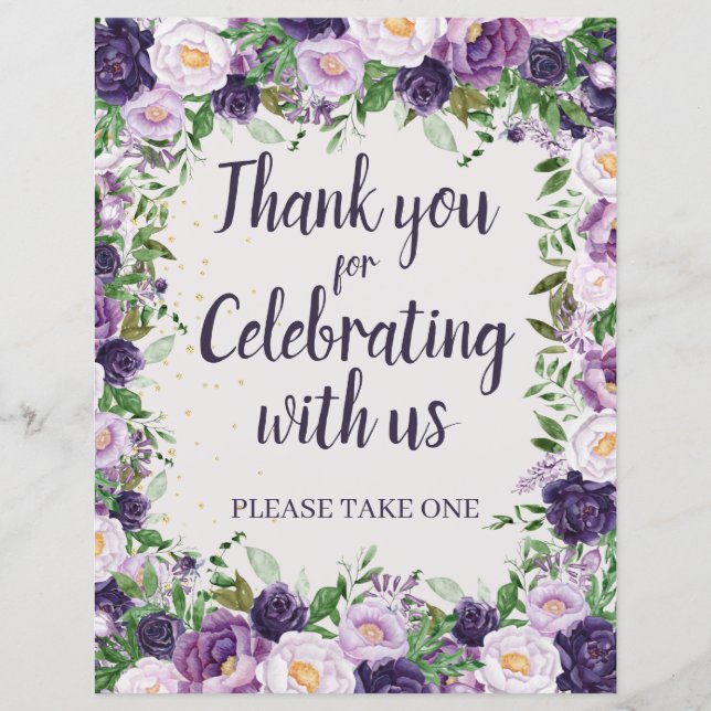 Purple Peonies Floral Thank You Party Favor (Front)