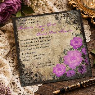 Purple Peonies Floral Vintage Wedding  Invitation