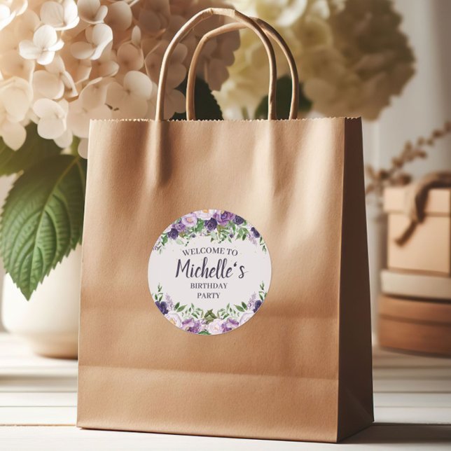 Purple Peonies Floral Women's Birthday Welcome   Classic Round Sticker (Purple peonies birthday party gift bag sticker)