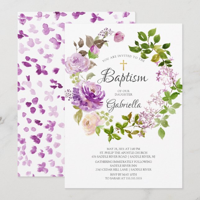 Purple Peonies Floral Wreath Baptism  Invitation (Front/Back)