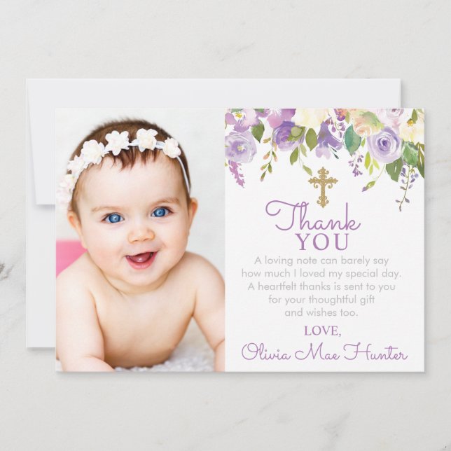 Purple Peonies Girl Baptism Photo Thank You Card (Front)