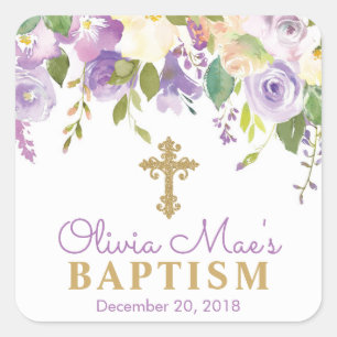 Purple Peonies Girl Baptism Square Stickers