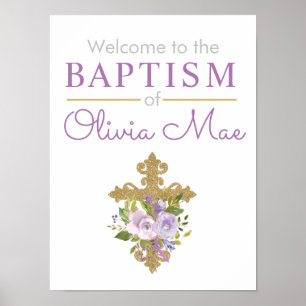 Purple Peonies Girl Baptism Welcome Poster