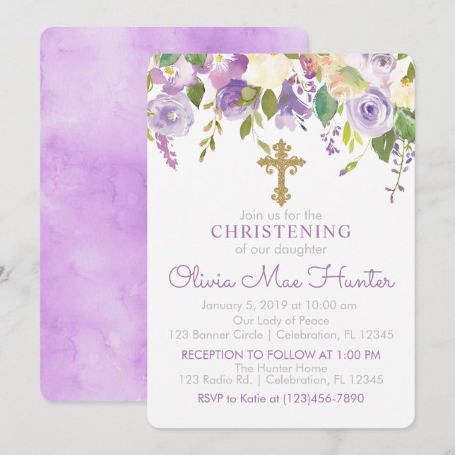 Purple Peonies Girl Christening Invitation (Front/Back)