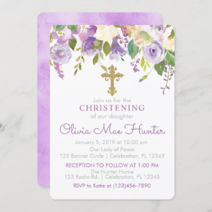 Purple Peonies Girl Christening Invitation