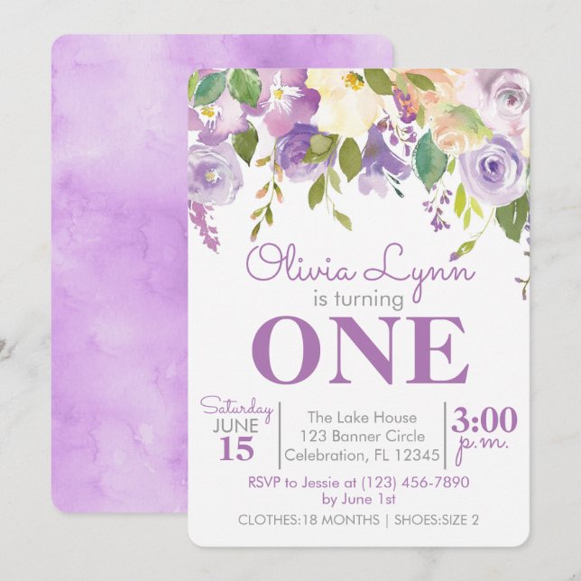Purple Peonies Girl First Birthday Invitation (Front/Back)
