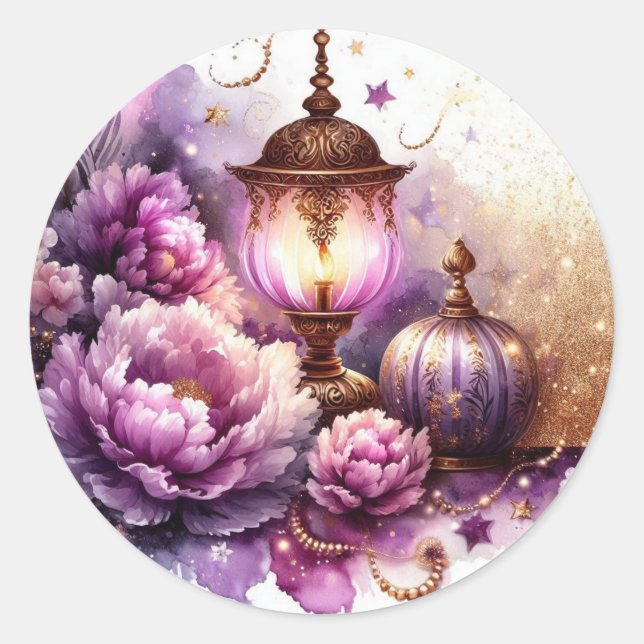 Purple Peonies Lavender Lamp Light Watercolor Classic Round Sticker (Front)