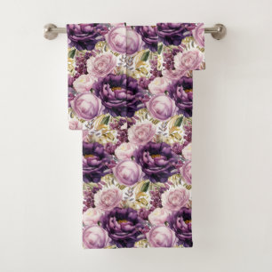 Purple Peonies Peony Flowers Floral Towel Set
