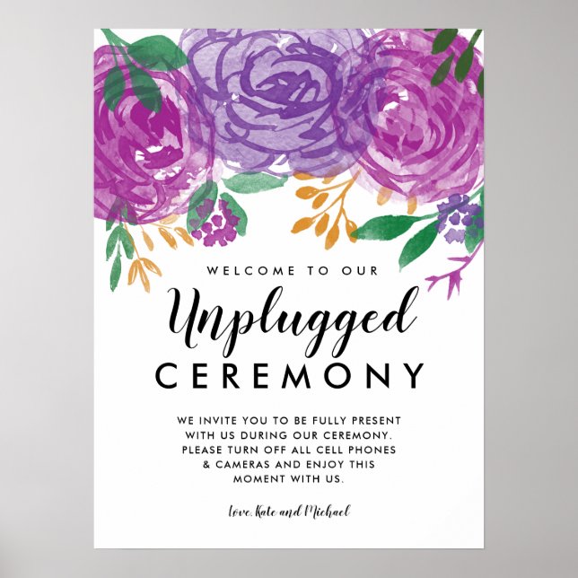 Purple Peonies Unplugged Wedding Ceremony Sign (Front)