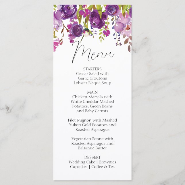 Purple Peonies Wedding Menu Card (Front)