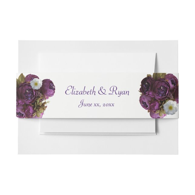 Purple Peonies, White Roses Wedding, Custom Invitation Belly Band (Front Example)