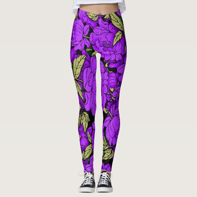 Purple Peonies with Gold Leaves Leggings (Front)