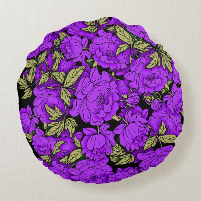 Purple Peonies with Gold Leaves Round Cushion (Back)