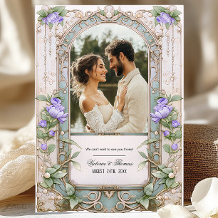 Purple Peony and Gold Frame Art Nouveau Wedding Invitation