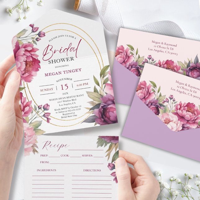 Purple Peony Bridal Shower Recipe All in One All In One Invitation (Creator Uploaded)