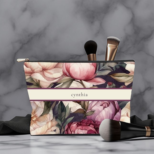 Purple Peony Floral Accessory Pouch (Personalized Purple Peony Makeup Bag)
