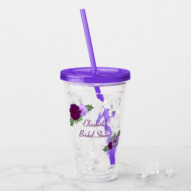 Purple Peony Floral Bridal Shower Acrylic Tumbler (Front Ice)