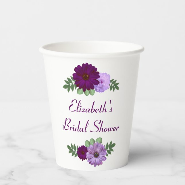 Purple Peony Floral Bridal Shower Paper Cups (Front)