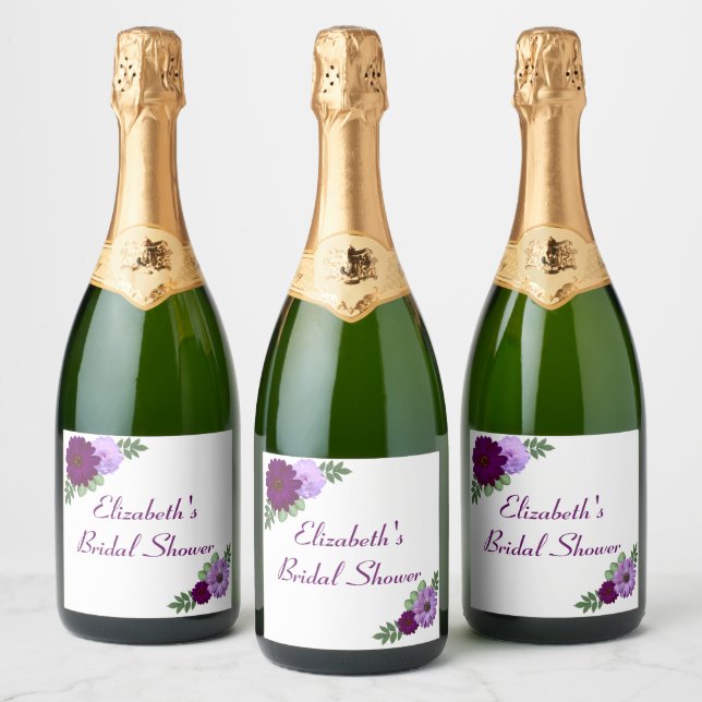 Purple Peony Floral Bridal Shower Sparkling Wine Label (Bottles)