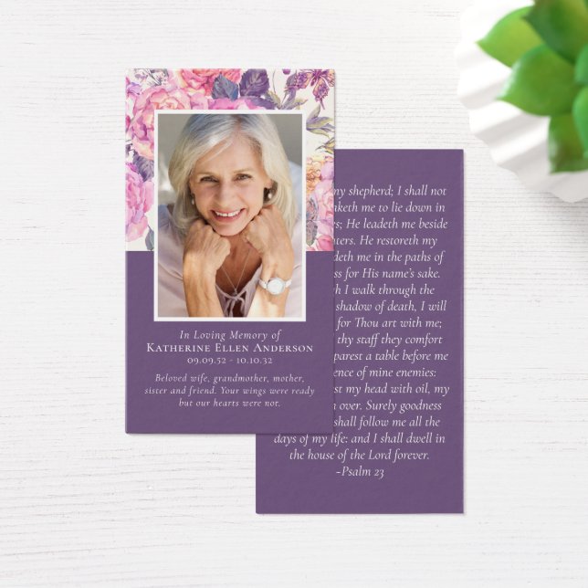 Purple Peony Floral Memorial Prayer Card (Desk)