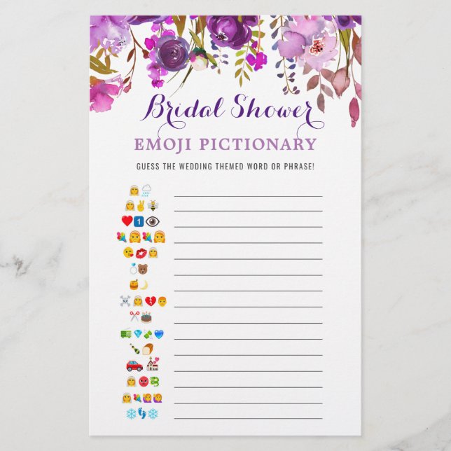 Purple Peony Floral Watercolor Bridal Shower Game (Front)