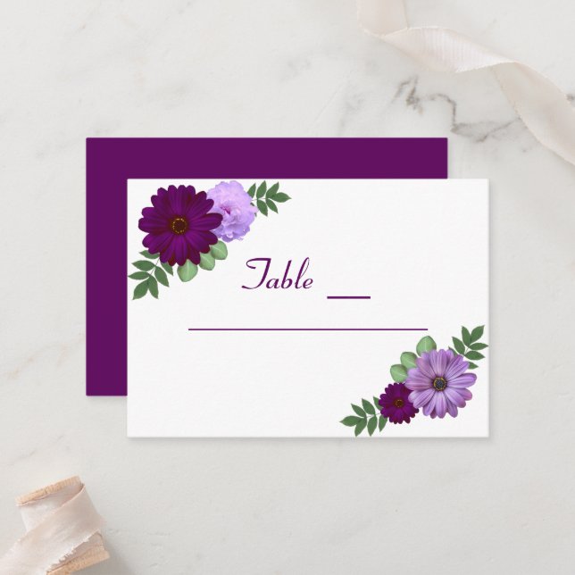 Purple Peony Floral Wedding Place Card (Front/Back In Situ)