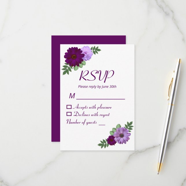 Purple Peony Floral Wedding RSVP Card (Front/Back In Situ)