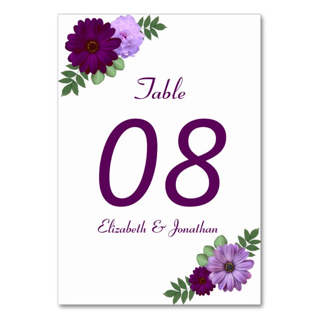 Purple Peony Floral Wedding Table Number (Front)