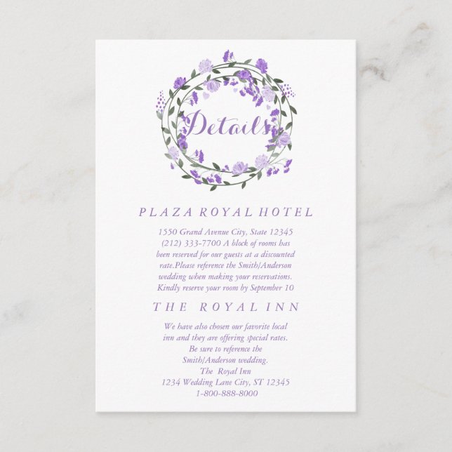 Purple Peony Floral Wreath Wedding Enclosure Card (Front)