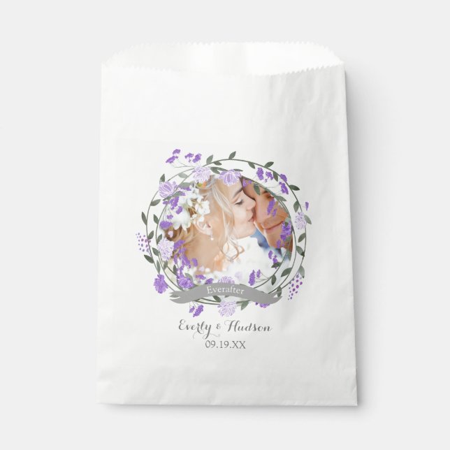 Purple Peony Floral Wreath Wedding Favour Bags (Front)