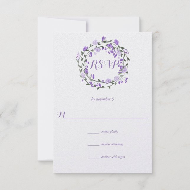 Purple Peony Floral Wreath Wedding RSVP (Front)