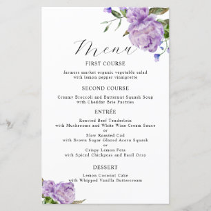 Purple Peony Flower Wedding Dinner Menu
