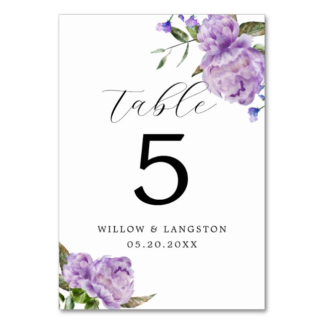 Purple Peony Flower Wedding Table Number (Front)