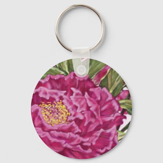 Purple Peony Flowers Garden Painting Key Ring (Front)