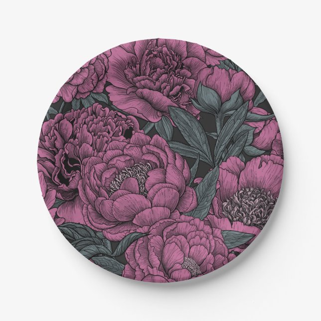 Purple peony flowers paper plate (Front)