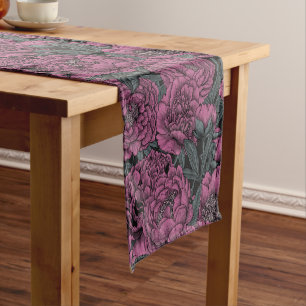 Purple peony flowers short table runner