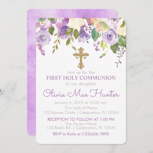Purple Peony Girl First Holy Communion Invitation (Front/Back)
