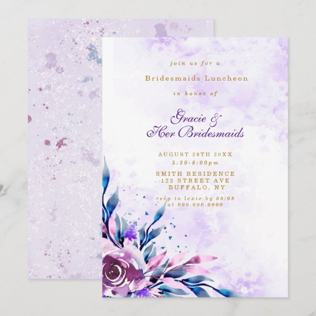 Purple Peony Gold Bridesmaids Luncheon Invites (Front/Back)