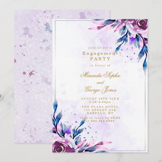 Purple Peony Gold Geometric Engagement Party Invitation (Front/Back)