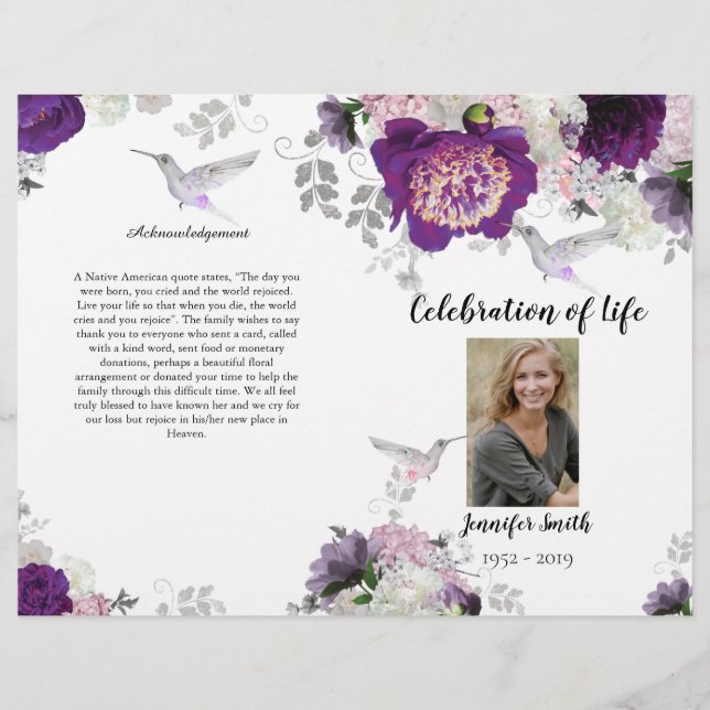 Purple Peony Hummingbird Funeral Program Flyer (Front)